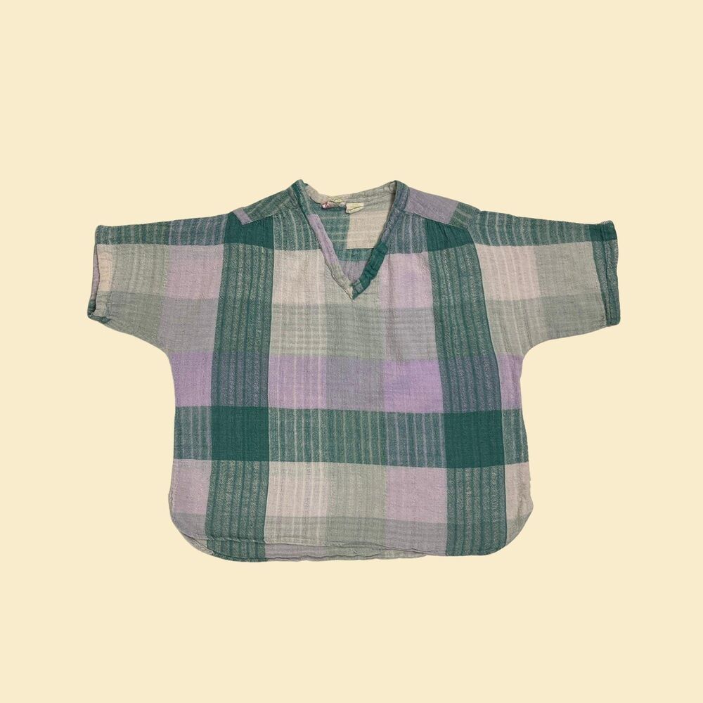 Vintage 70s cotton blouse, JP size 21 Indian Cotton plaid purple/teal v-neck top